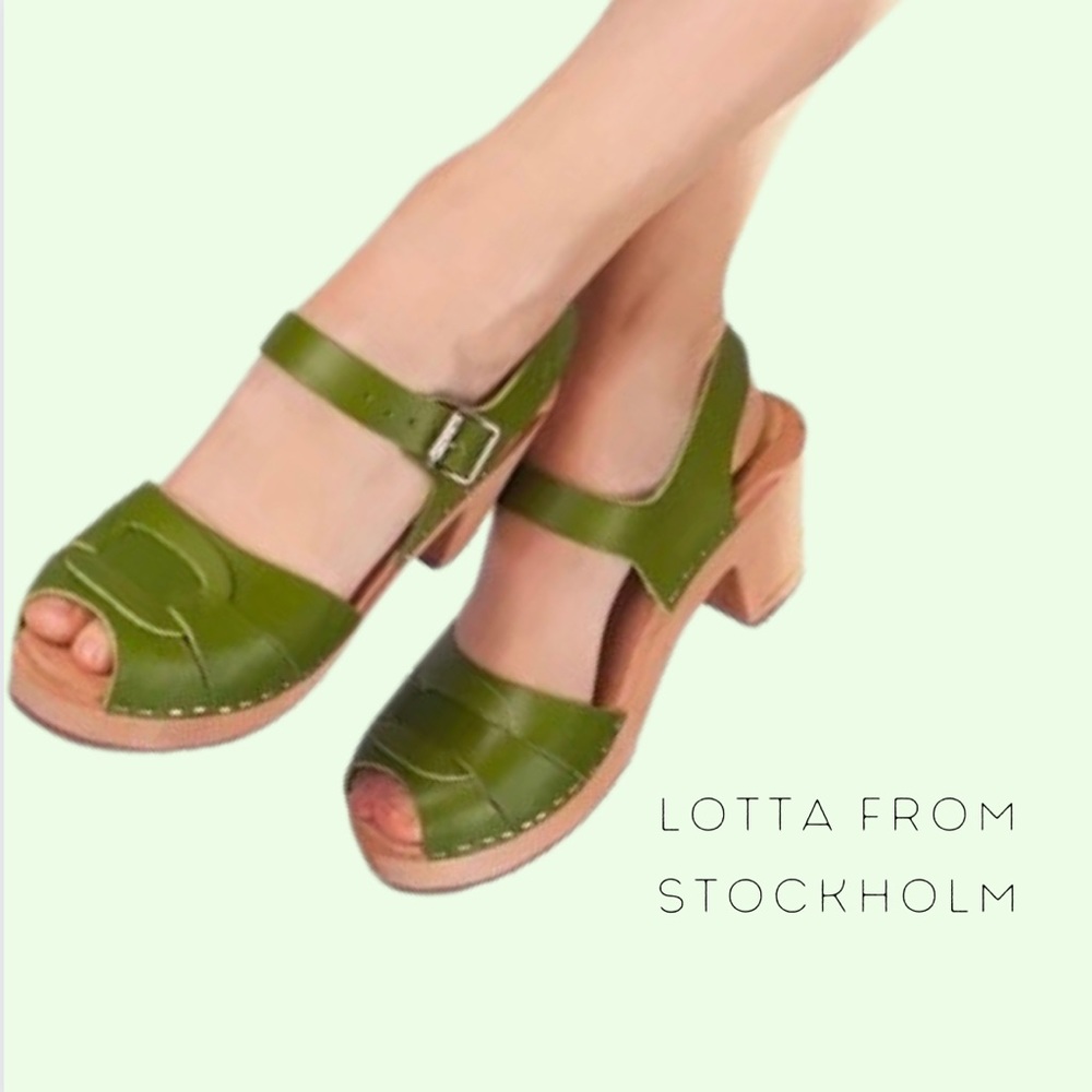 Swedish peep-toe clog sandals in gorgeous apple green with an easy wearable heel